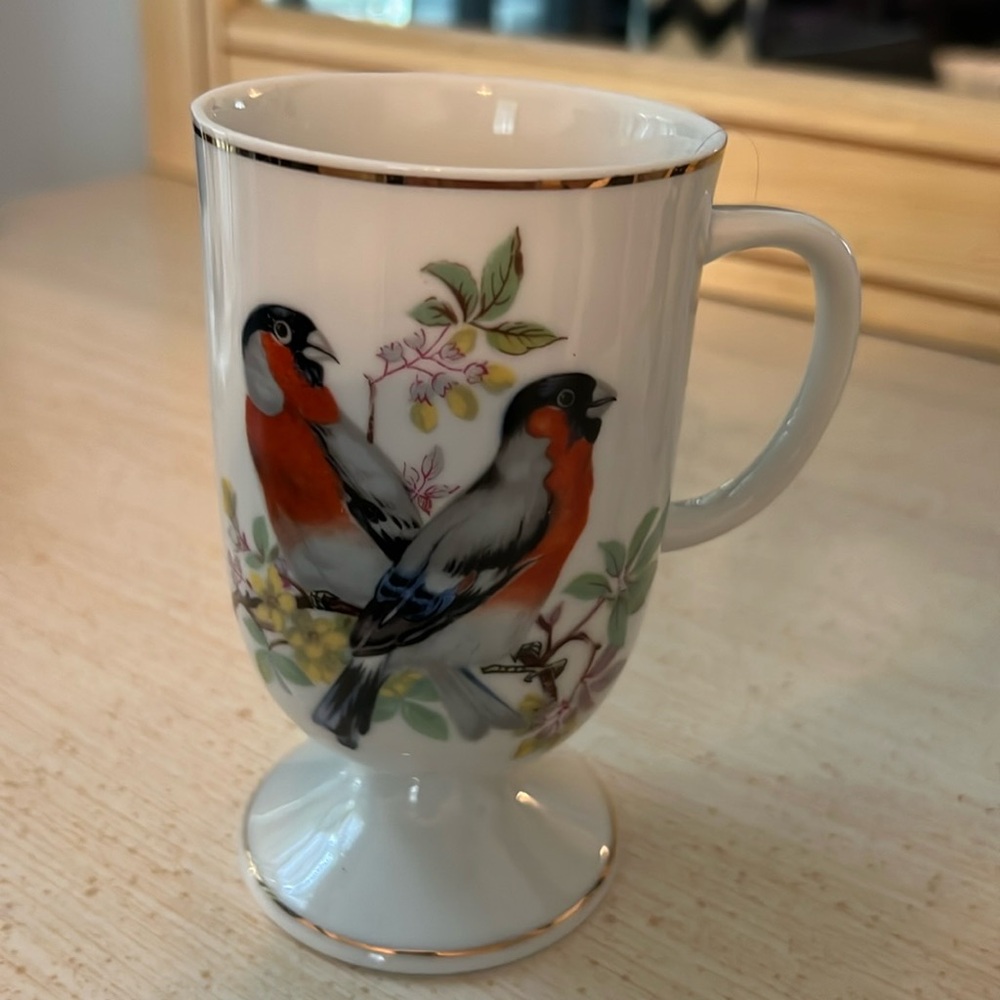 Vintage Footed Japan Birds Plants White fine China Mug